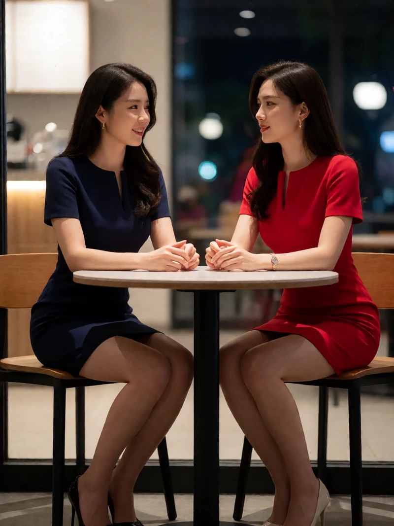 两名虚构成年亚洲女性穿不透明蓝红短裙在咖啡馆中央交谈