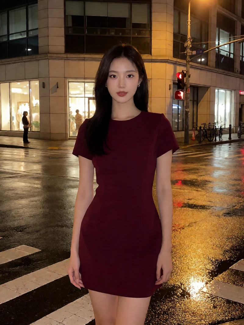虚构成年亚洲女性穿不透明酒红色短裙站在夜间城市街口中央