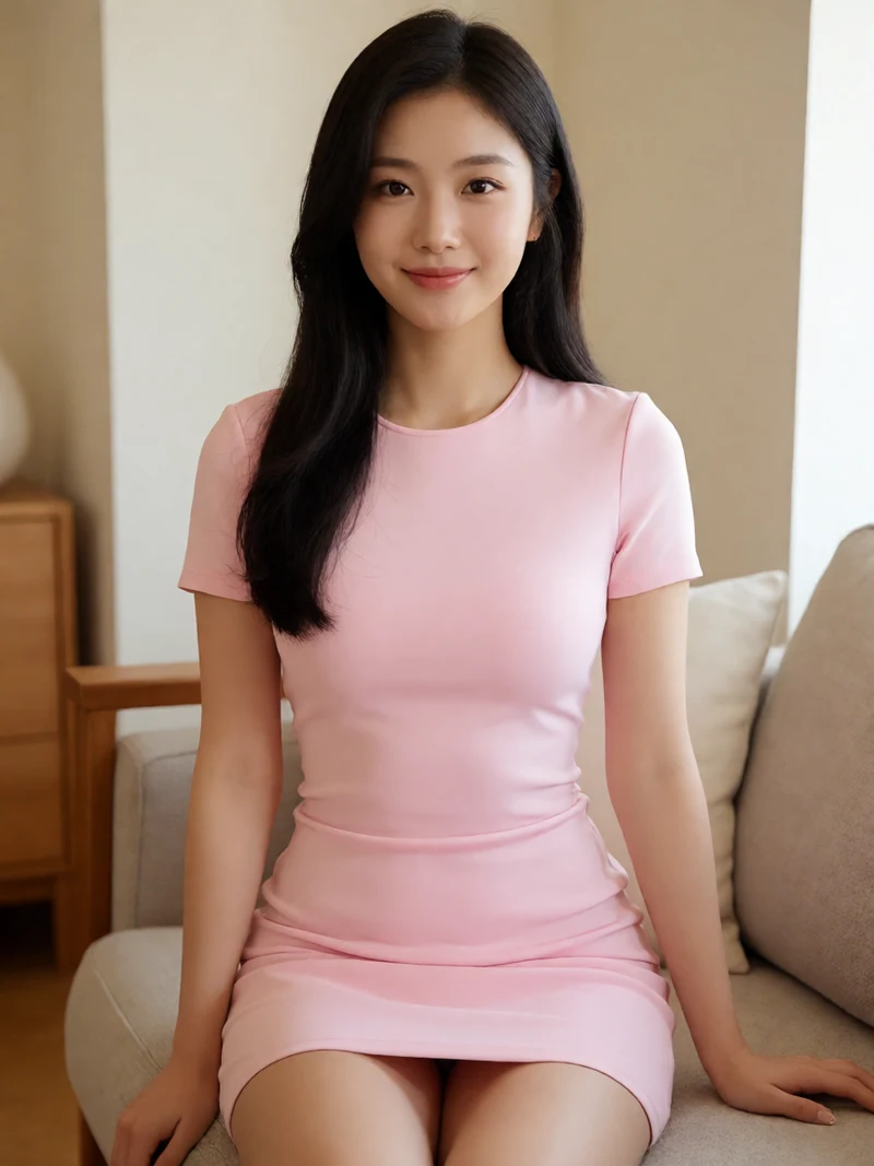 虚构成年亚洲女性穿不透明浅粉色短裙坐在沙发中央