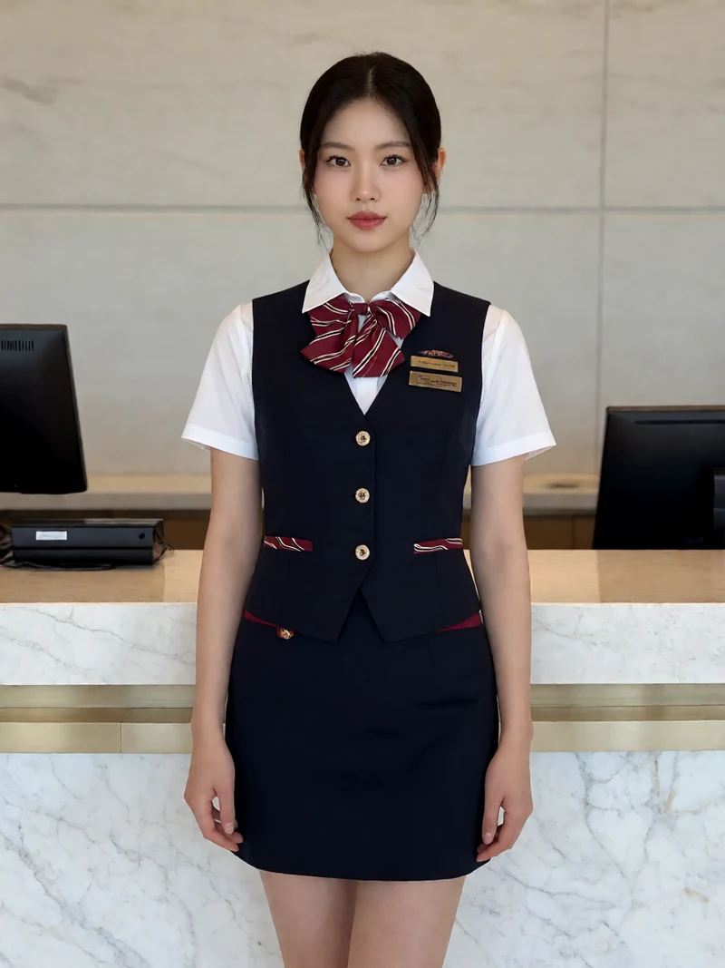 虚构成年亚洲女性穿不透明前台制服站在酒店大厅中央